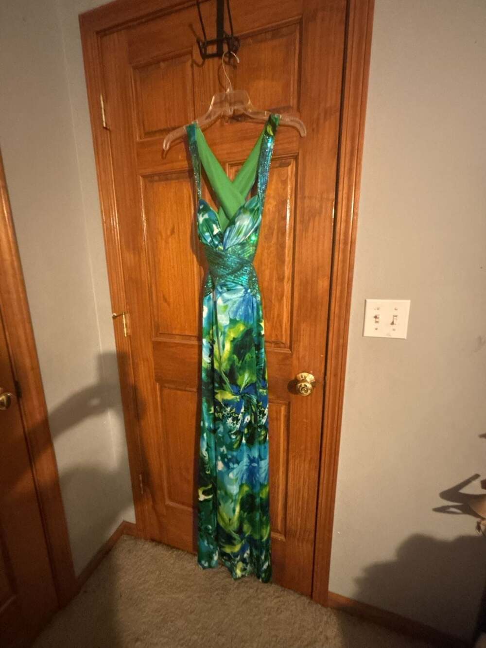 Masquerade Green and Blue Floral Sequin Halter Formal Maxi Dress